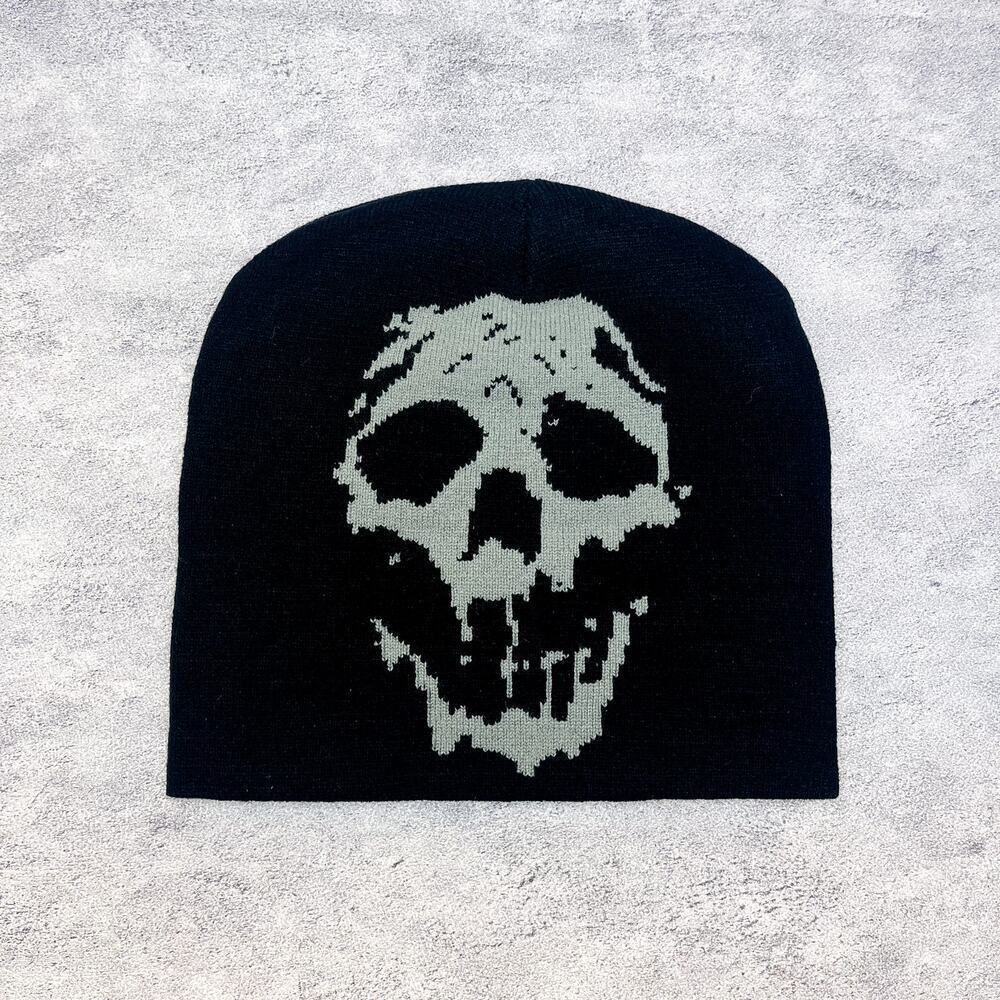 y2k grunge gothic punk black and gray skull beanie